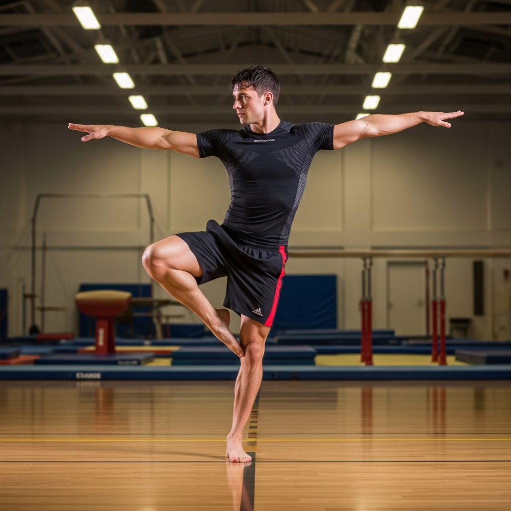 Male gymnast practicing a yoga balance pose on one leg in an indoor sports facility, focusing on stability and posture.