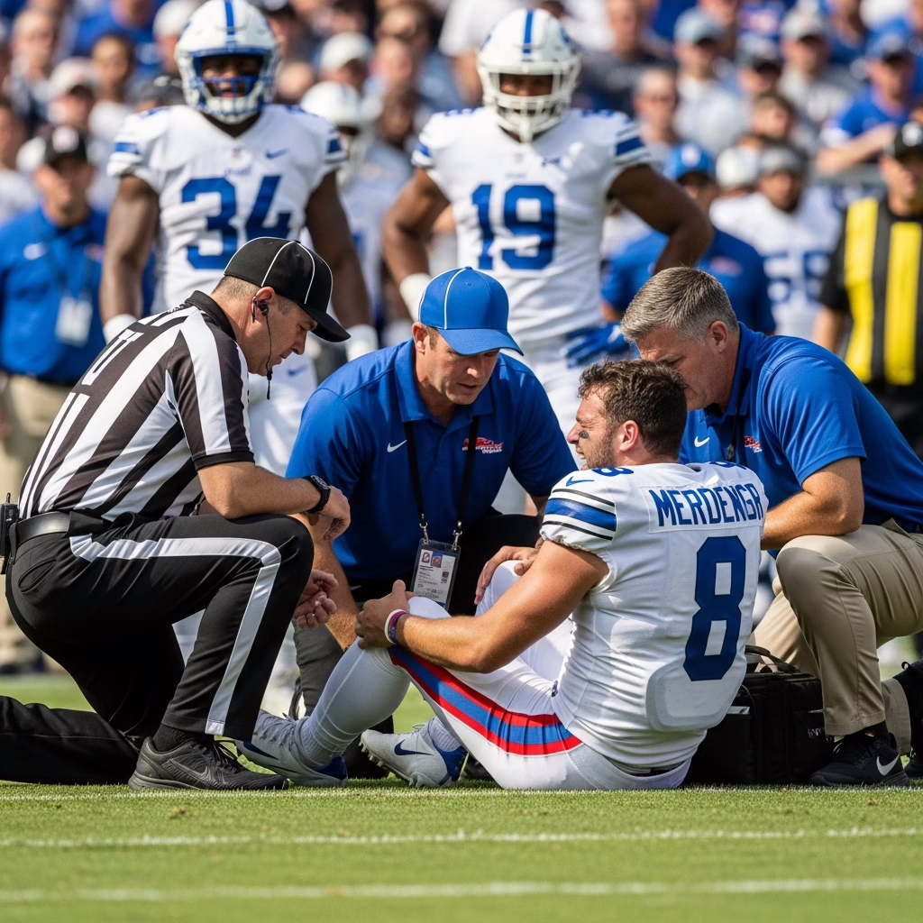Football player injured on the field during a game, receiving medical attention from a trainer and referee.