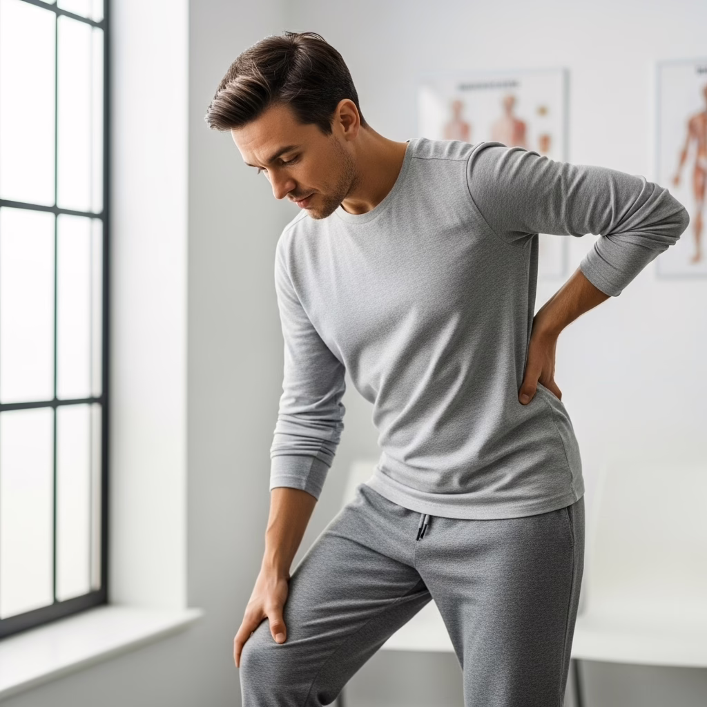Man in orthopedic clinic holding his lower back in pain, indicating possible spine or lumbar injury.