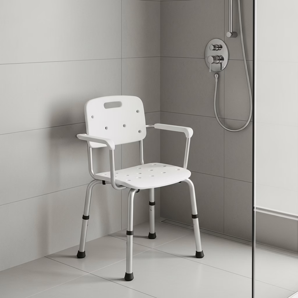 White adjustable shower chair with armrests placed inside a modern tiled walk-in shower.