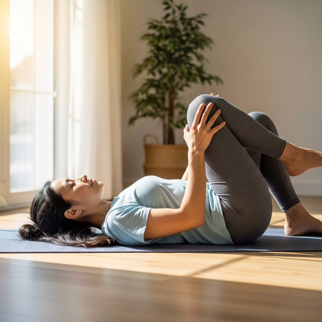 Woman performing a knee-to-chest stretch during a home workout, showing a simple flexibility exercise for easing lower-back t