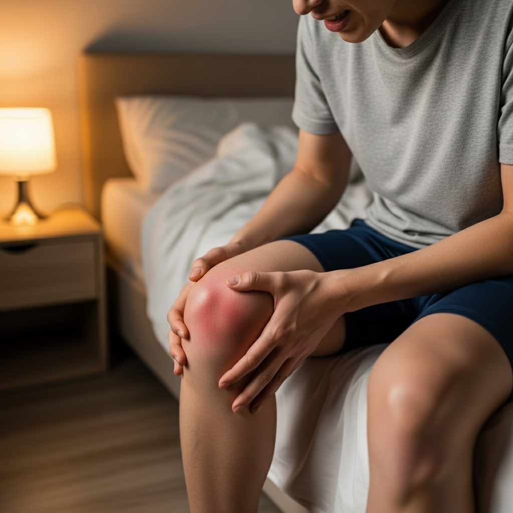 Person sitting on a bed holding a swollen, red knee, showing signs of knee pain or inflammation in a home setting.