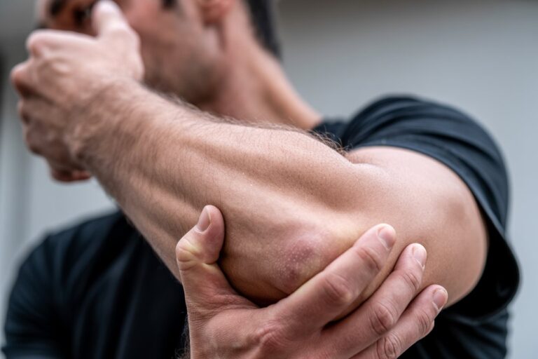 Person holding their elbow with visible discomfort, illustrating symptoms commonly associated with Cubital Tunnel Syndrome.