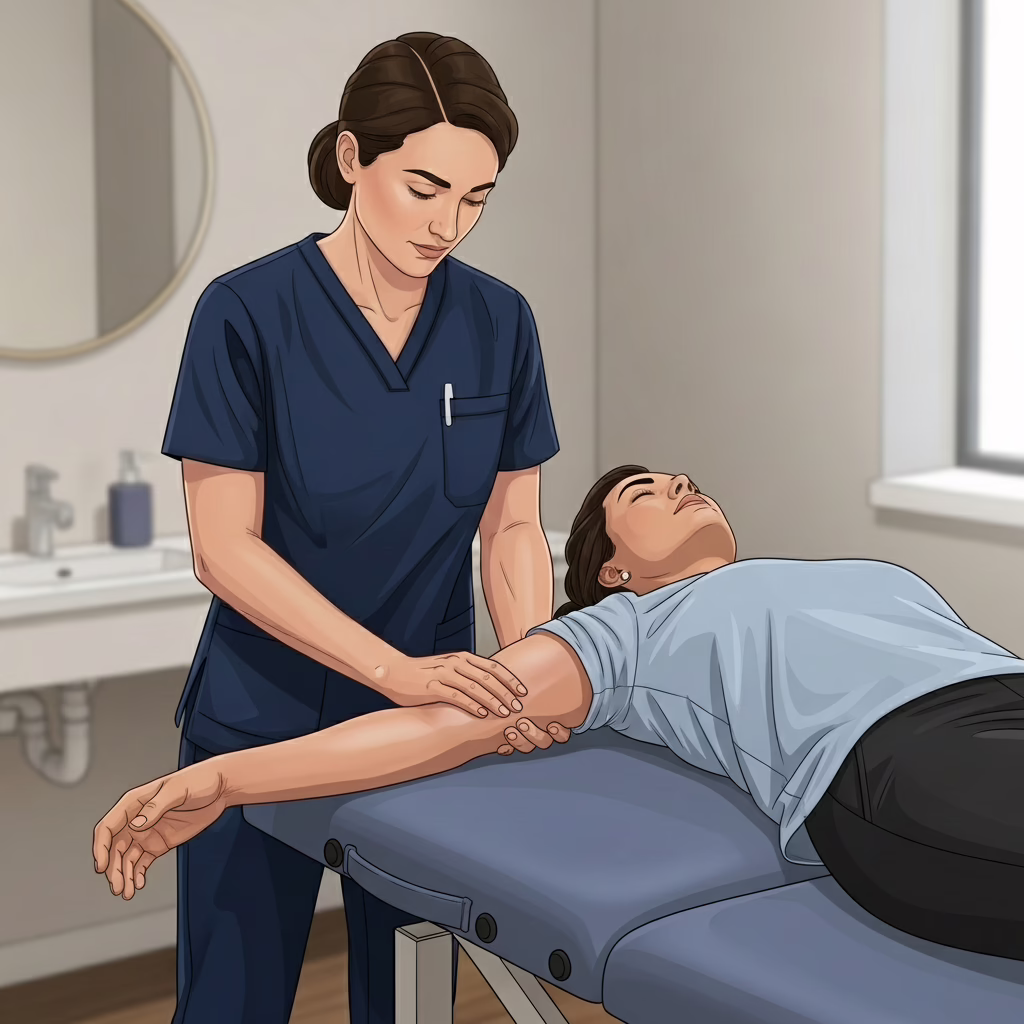 Manual Edema Mobilization (MEM) therapy being performed by a healthcare professional on a patient to reduce swelling and impr